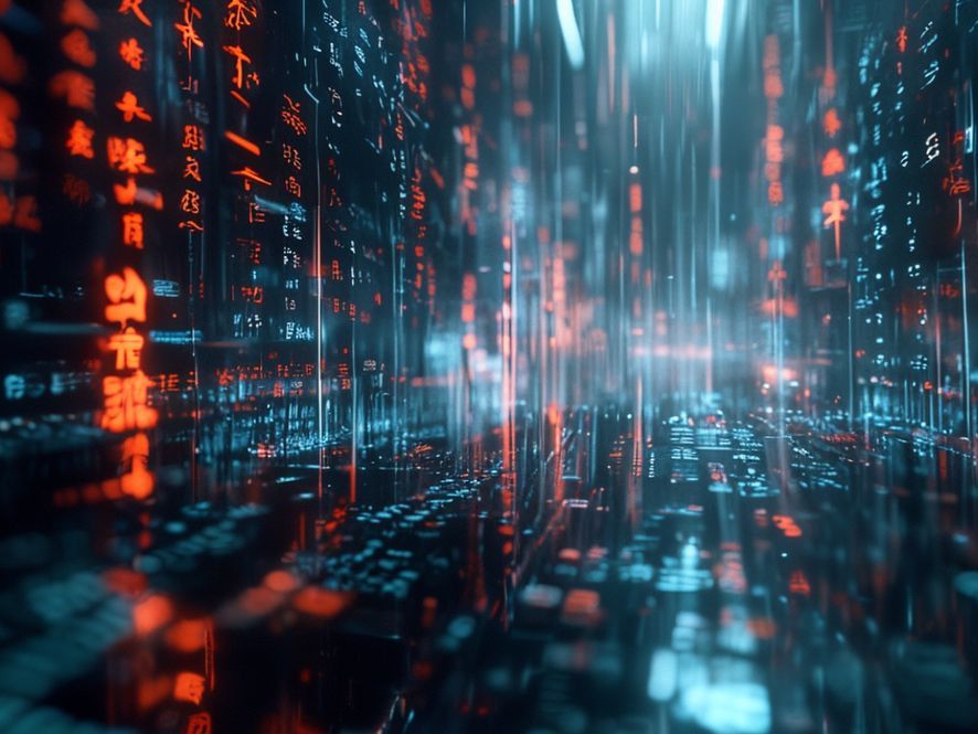 composed of intricate data streams and Chinese characters, floating in a dark, futuristic digital space.
