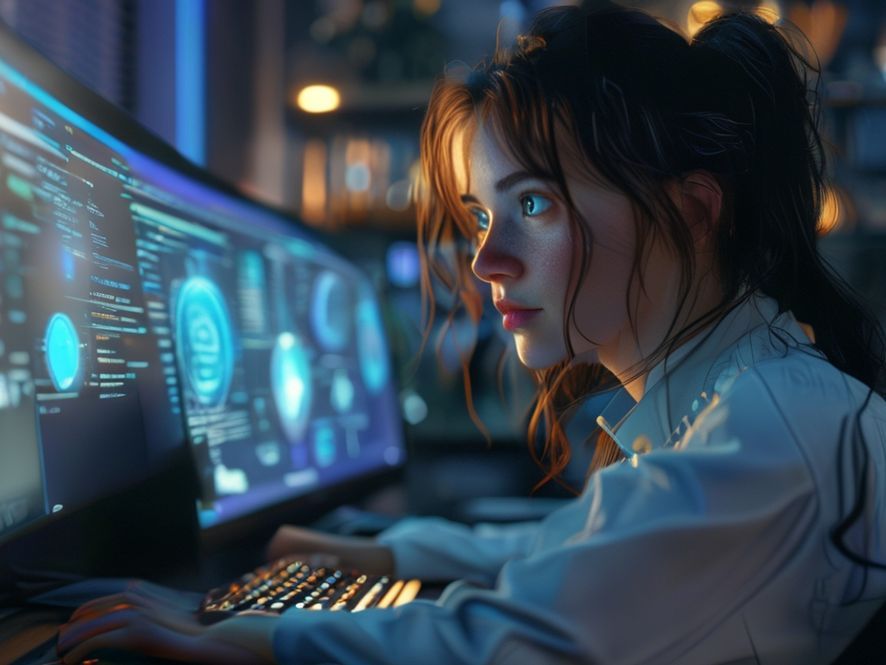 一位女性程序员在使用Mac电脑，电脑屏幕显示的是Gemini CLI的运行界面，高质量、4K、逼真场景，电影画质。 