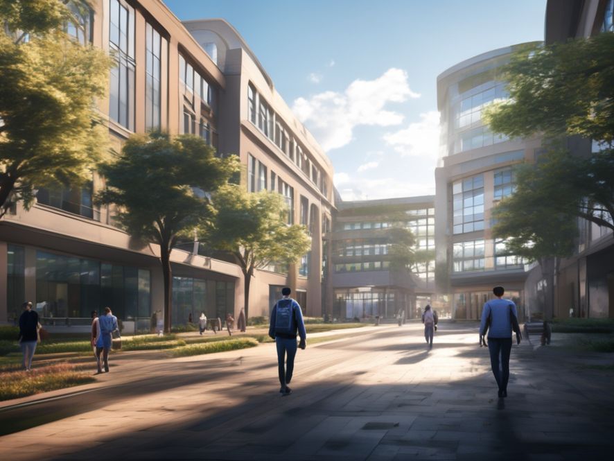 具有艺术感的大学校园建筑，楼宇之间行走着大学生，高质量, 4k, 细节丰富，16:9比例