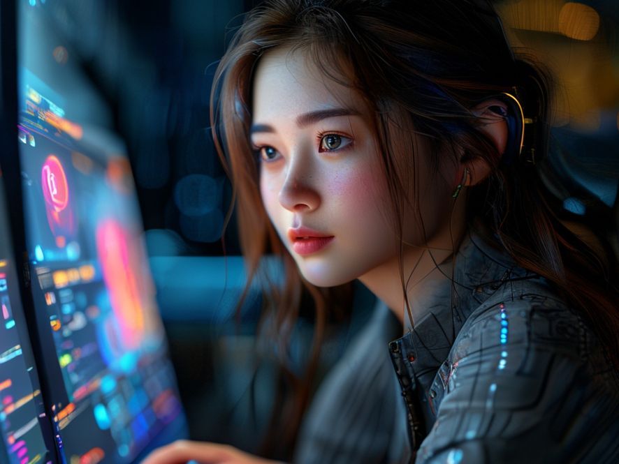 高质量, 4k, 细节丰富
一位东亚女性，很漂亮，在使用Mac电脑，显示器上显示的是生成式 AI 搜索引擎（如 ChatGPT、Perplexity、Copilot 等）
镜头采用中远景，尺寸16:9