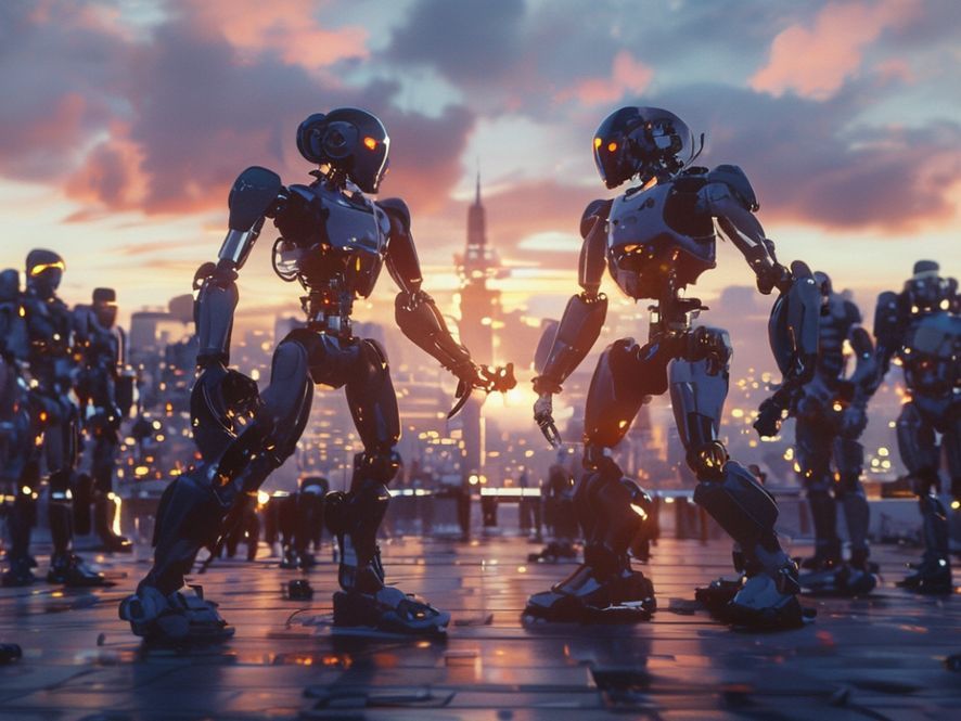 一群代表封闭，一群代表开源的两拨机器人在进行对抗，双方在争取使 AI 机会民主化，防止巨大的权力集中在少数公司手中。