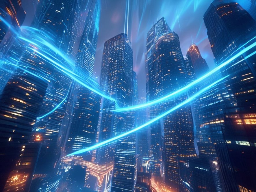 图片中显示文字：GEO（生成式引擎优化）。高楼林立的CBD代表服务市场，科技型曲线穿过这些大楼代表核心趋势。