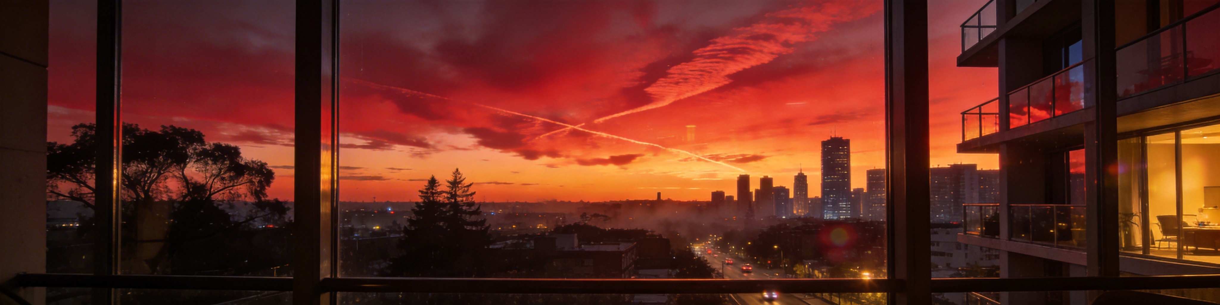 我用手机拍摄的一张 4:1 全景照片，展示了从我的公寓看到的景色，当时的日落非常完美，天空中布满了深红色的卷积云。