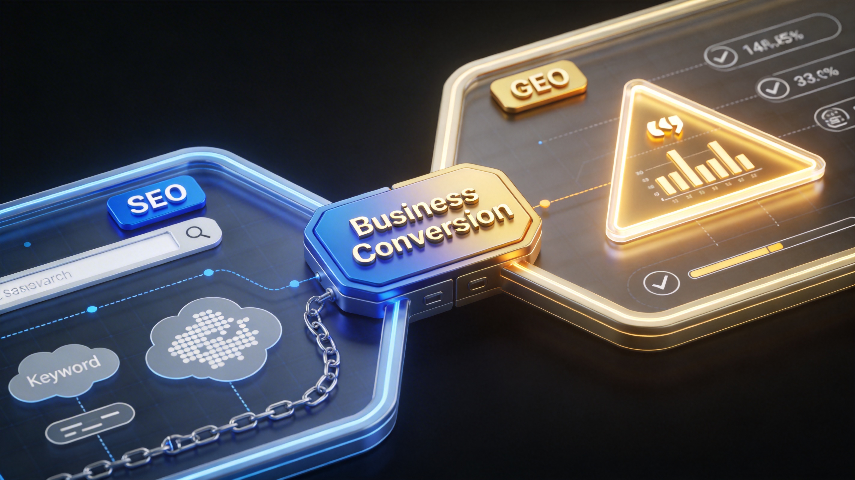 生成下面内容的信息图：

GEO与SEO的核心目标是否一致？两者在技术手段上有哪些关键差异？
核心目标一致，均为提升整体商业转化。
技术手段存在显著差异：
SEO围绕用户搜索意图布局高频关键词，通过积累外链、优化网页技术指标、调整内链等满足搜索引擎算法偏好，争夺搜索列表靠前排名。
GEO更关注内容权威性与结构合理化，核心依托普林斯顿提出的“黄金三角”——统计数据嵌入、权威引语引用、可验证高可信源引用，需提供精准专业、结构清晰的内容，提升内容可信度以被AI采纳。