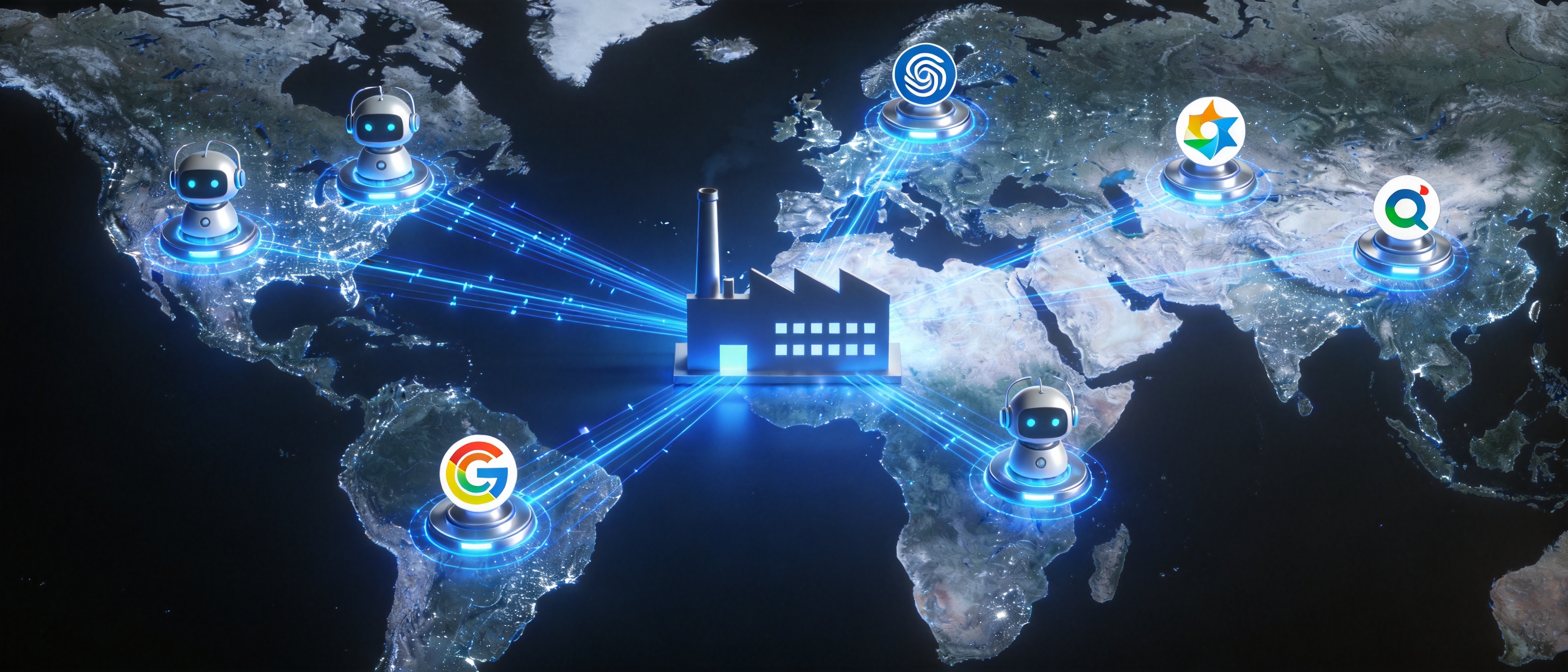 A global trade map with AI chatbot icons replacing search engine logos, glowing blue data streams connecting to a factory silhouette. Tech-forward, sleek, business-focused.